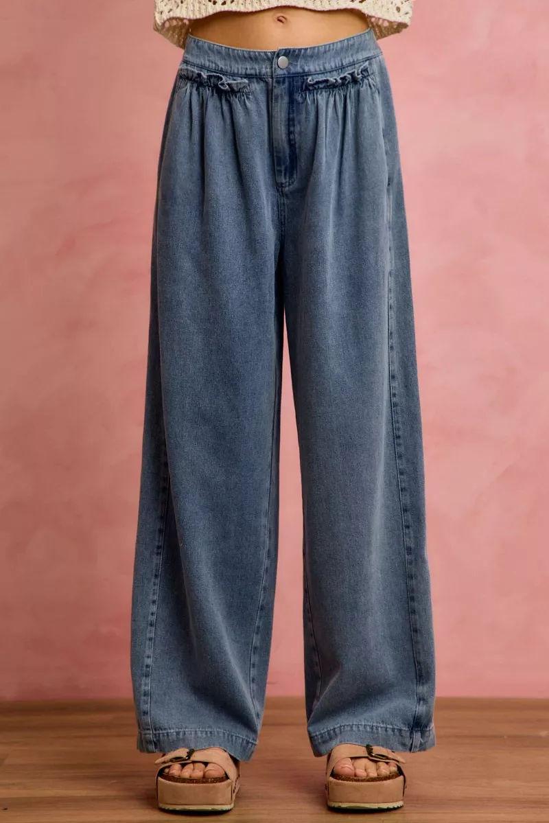 Mid Rise Ruffled Front Elastic Wide Leg Jeans