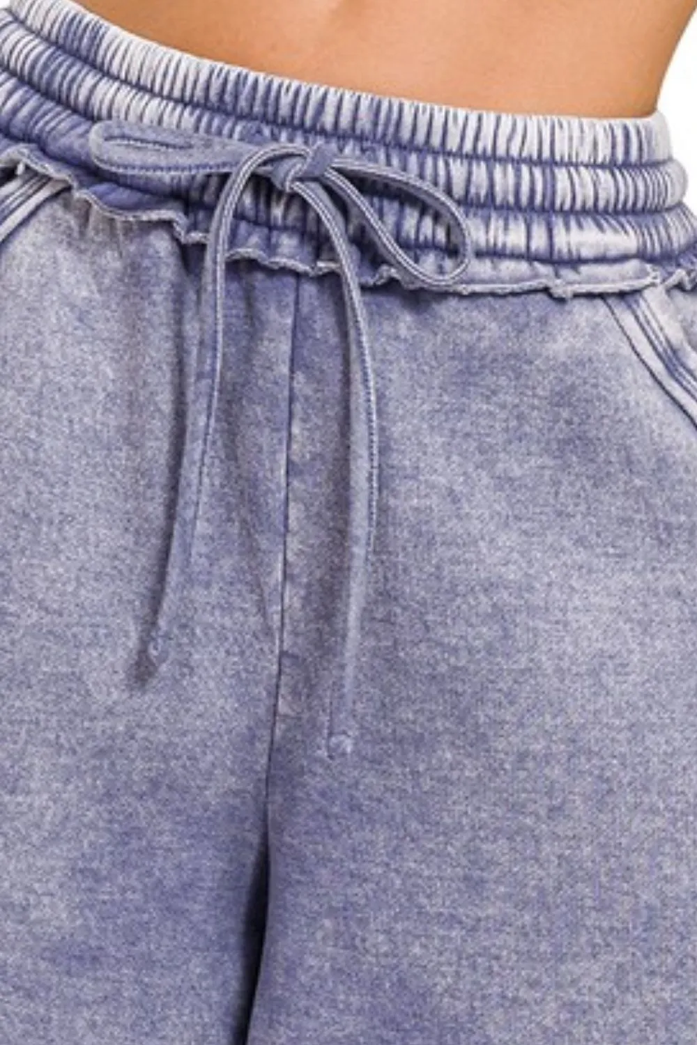 Acid Wash Fleece Drawstring Shorts With Pockets, image 3