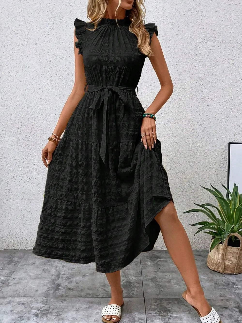 Tied Ruffled Cap Sleeve Midi Dress, image 26