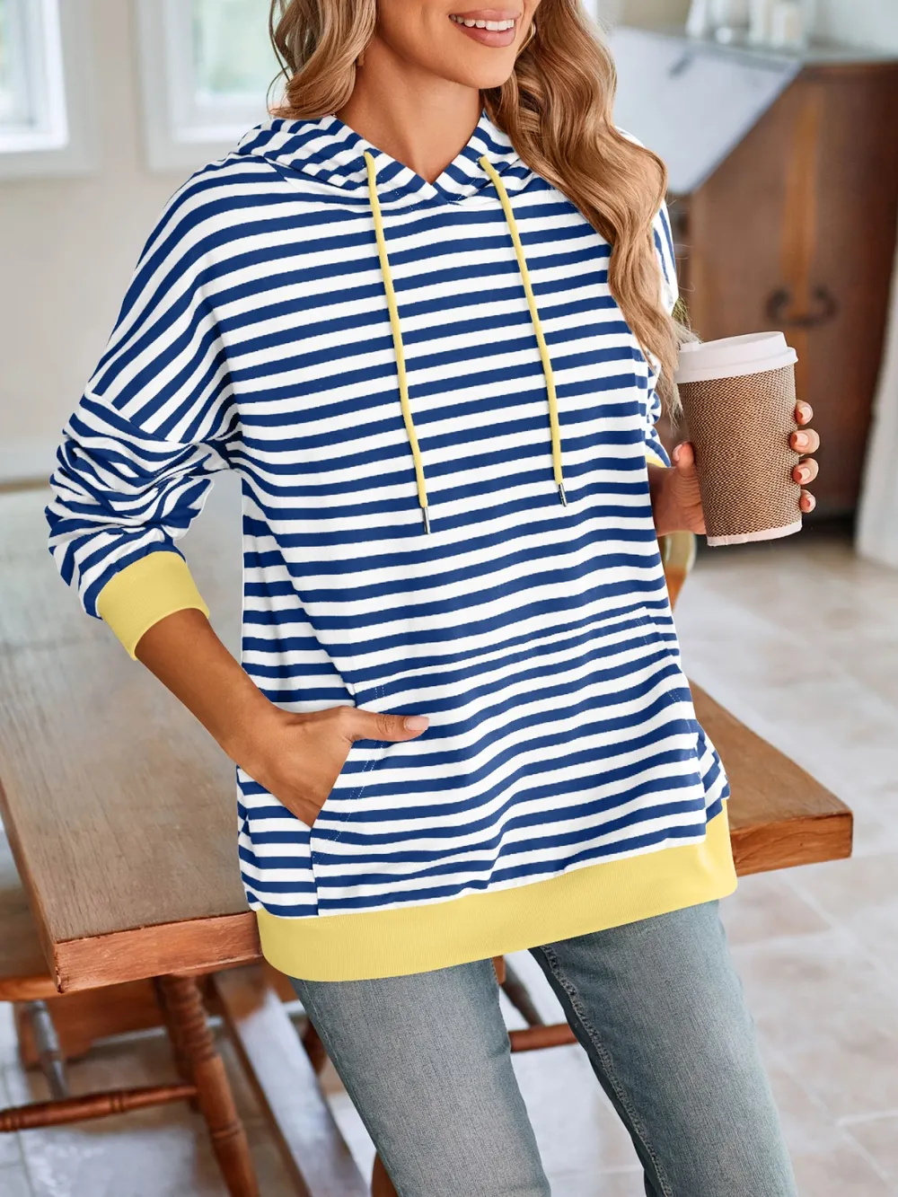 Drawstring Striped Long Sleeve Hoodie, image 7