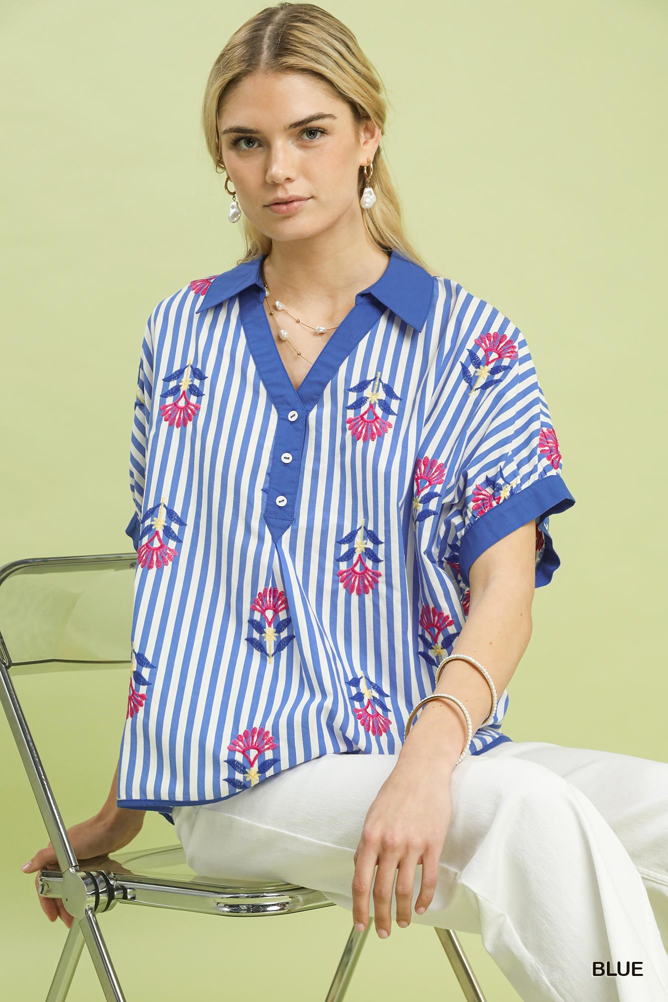 Stripe Embroidered Button-Front Boho Blouse, image 6
