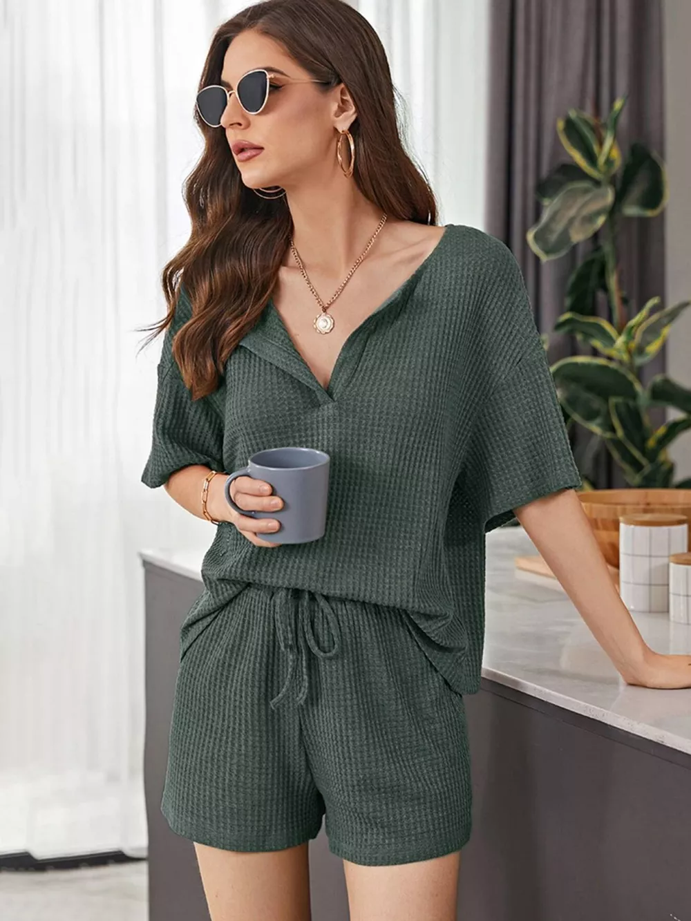 Full Size Waffle-Knit Dropped Shoulder Top and Shorts Set, image 20