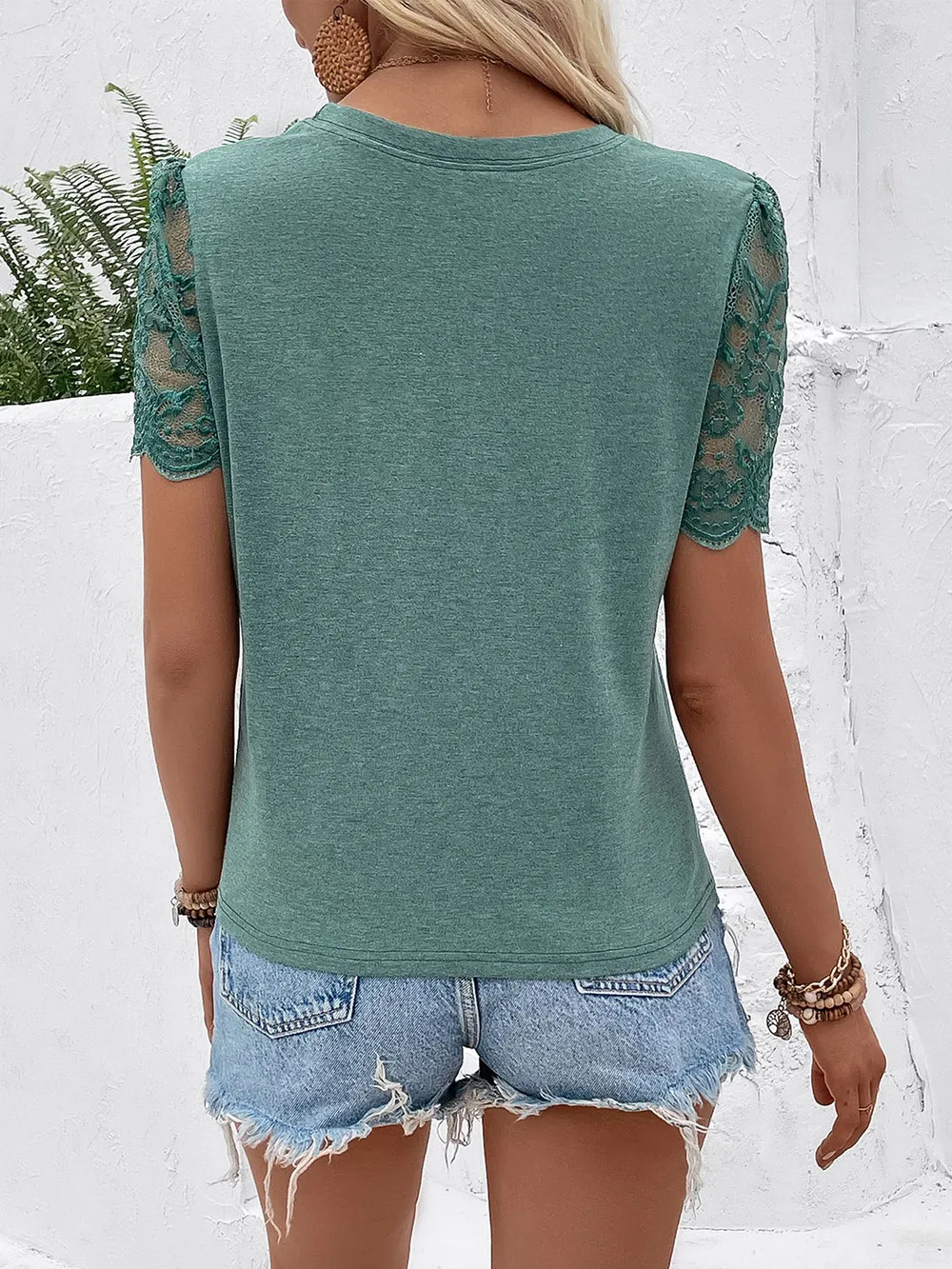 Lace Detail Short Sleeve Round Neck T-Shirt, image 5