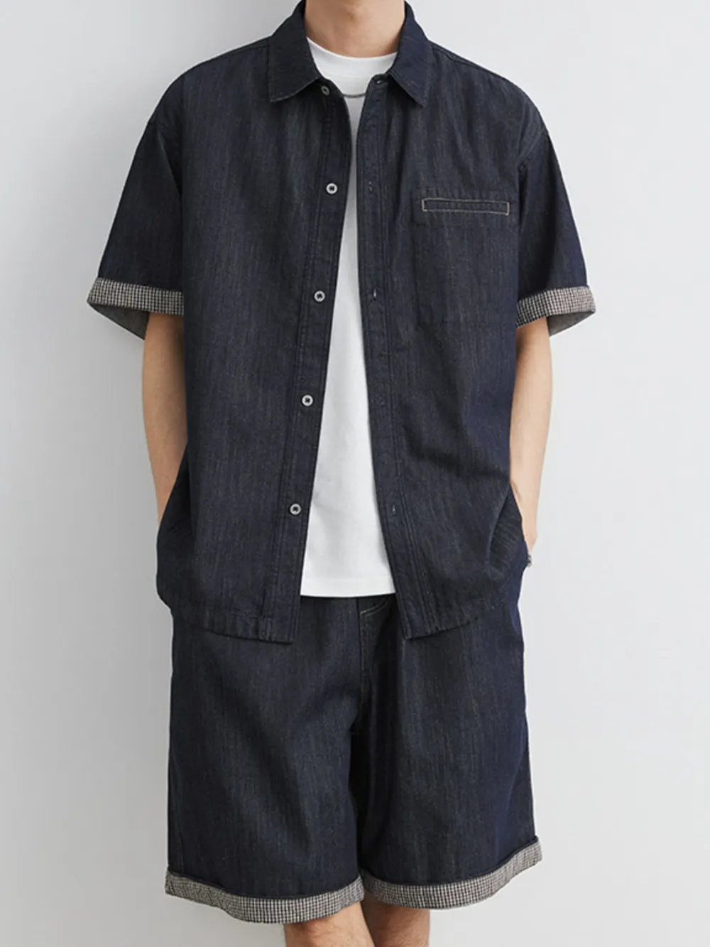 Men's Wash Short Sleeve Top and Shorts Denim Set