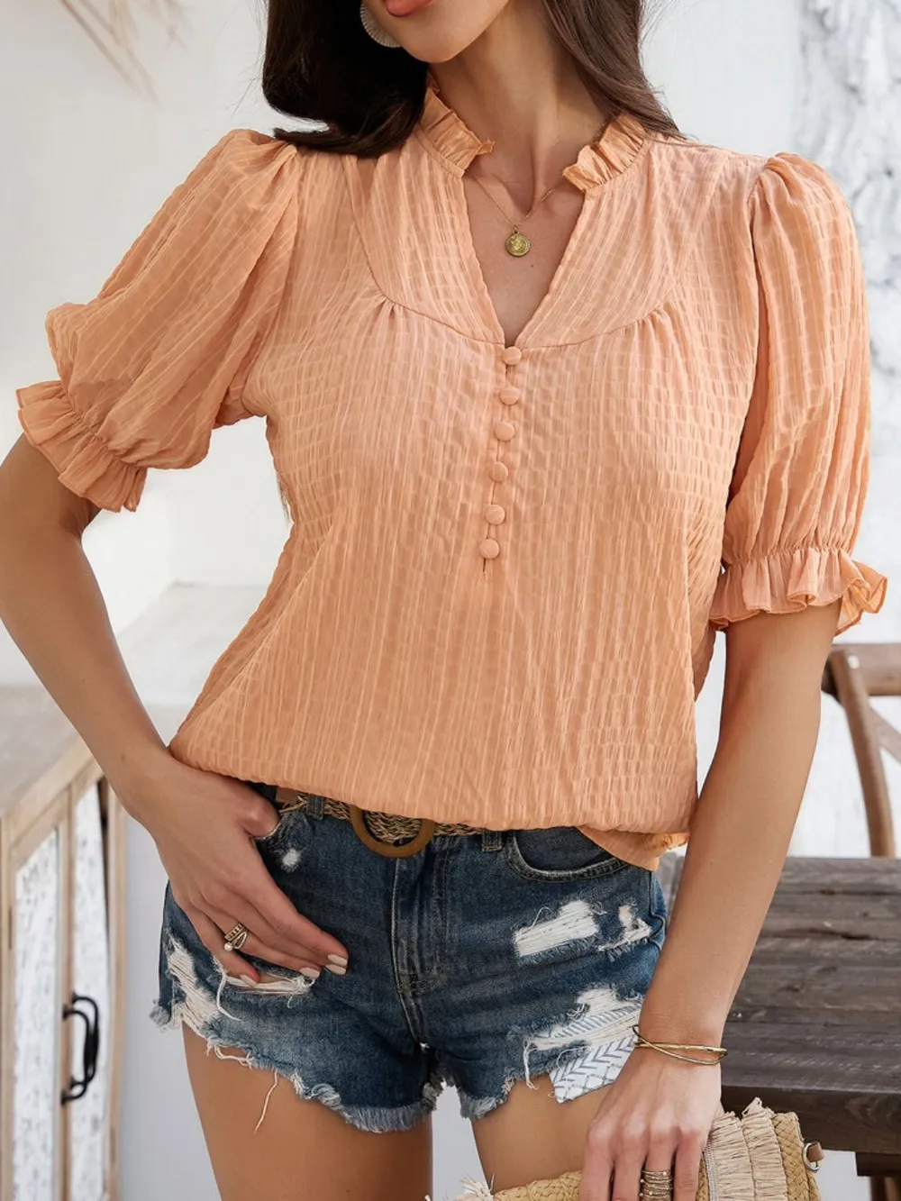 Frill Notched Short Sleeve Blouse, image 4