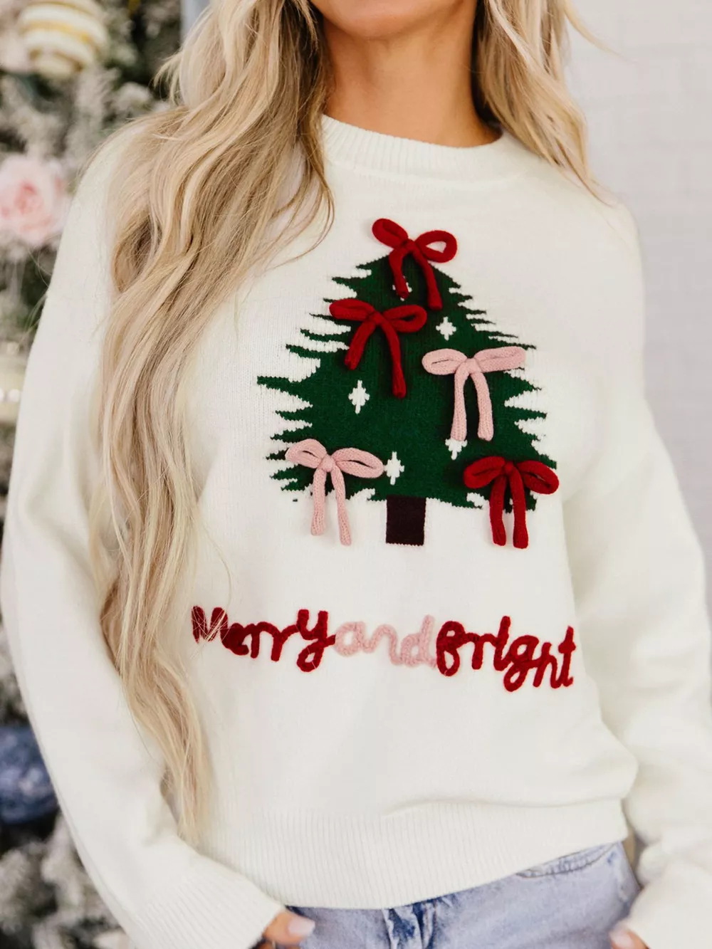 Christmas Tree Bow Drop Shoulder Knit Sweater, image 3