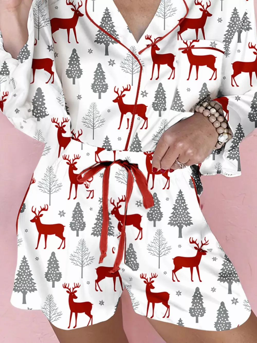 Christmas Fashion Print Velvet Trim Top and Shorts Pajama 2pcs Set, image 3