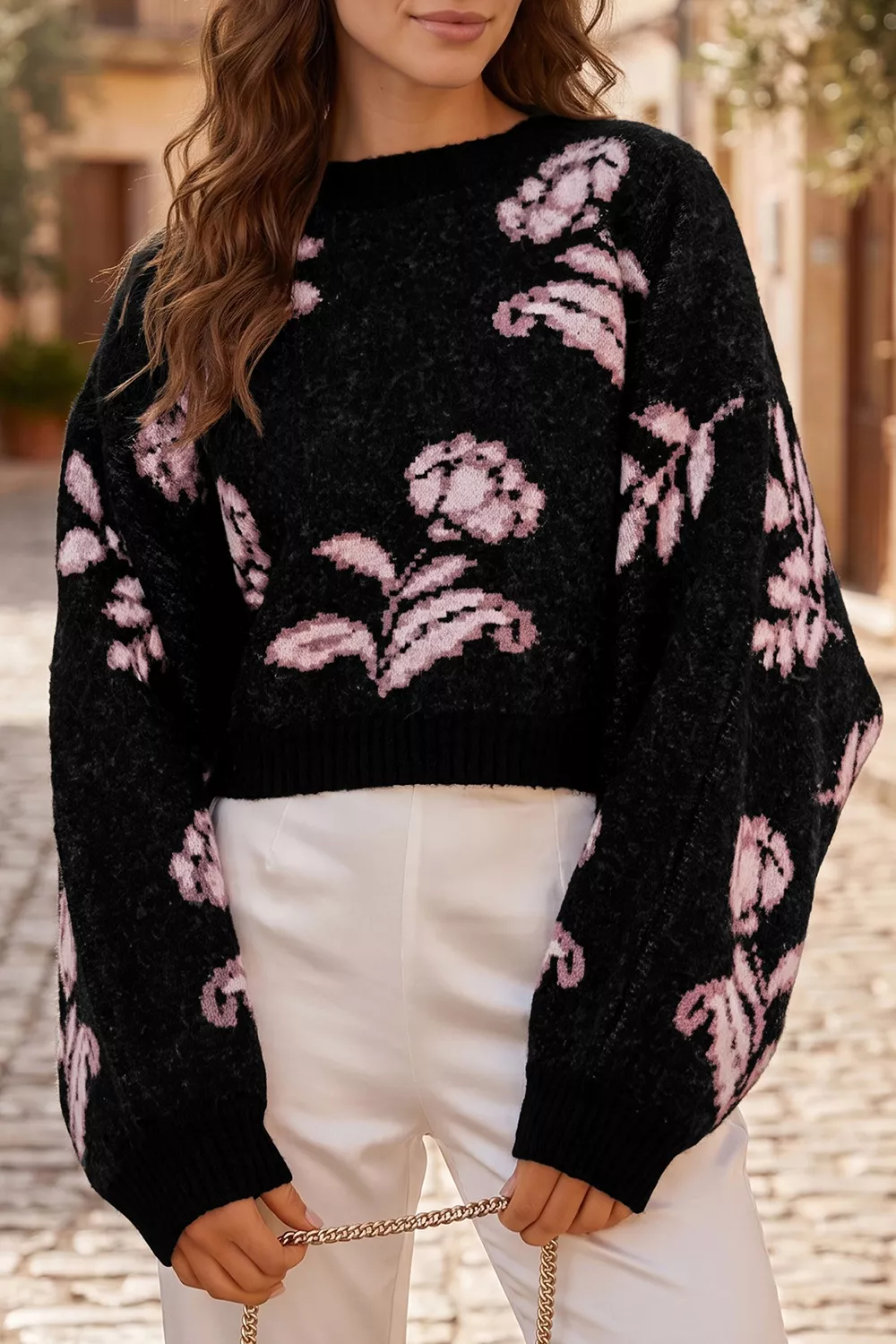 Floral Pattern Puff Sleeve Dropped Shoulder Pullover Sweater, image 2