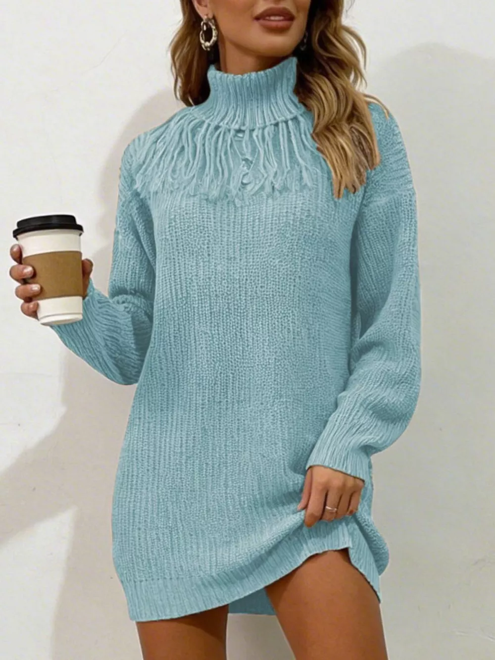 Full Size Turtleneck Fringe Detail Sweater Dress Plus Size