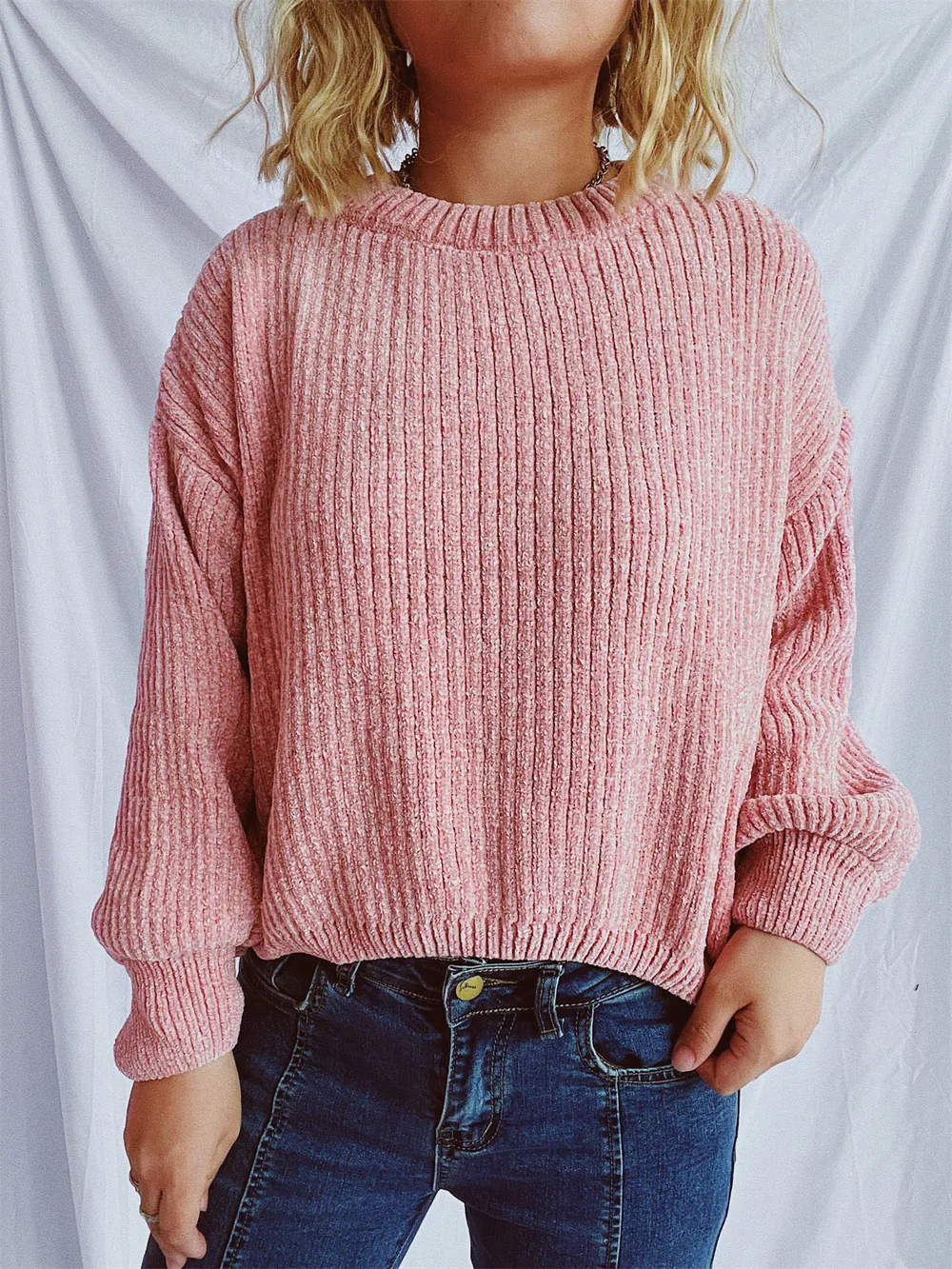 Round Neck Dropped Shoulder Long Sleeve Sweater, image 9