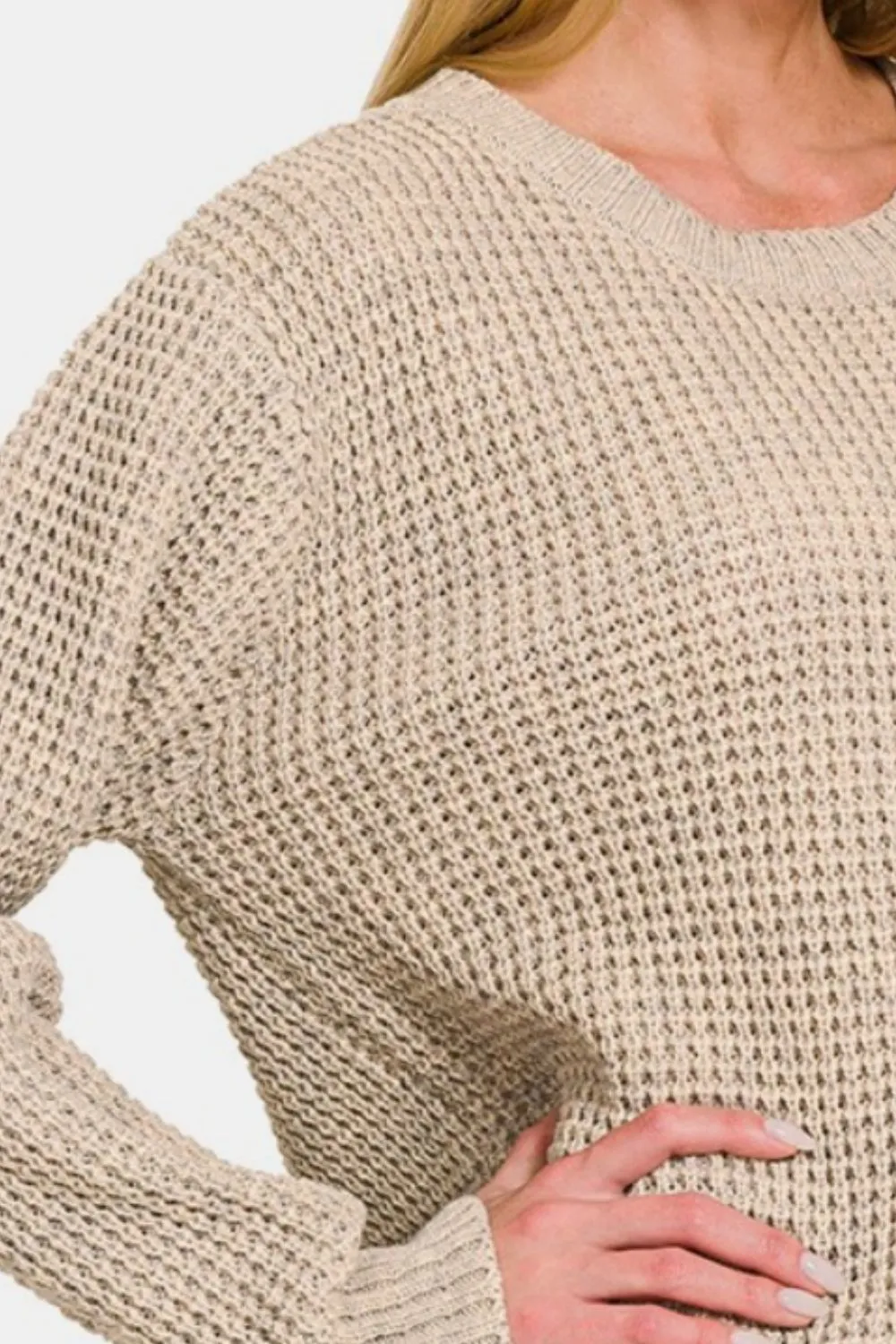 High Low Long Sleeve Waffle Sweater, image 3