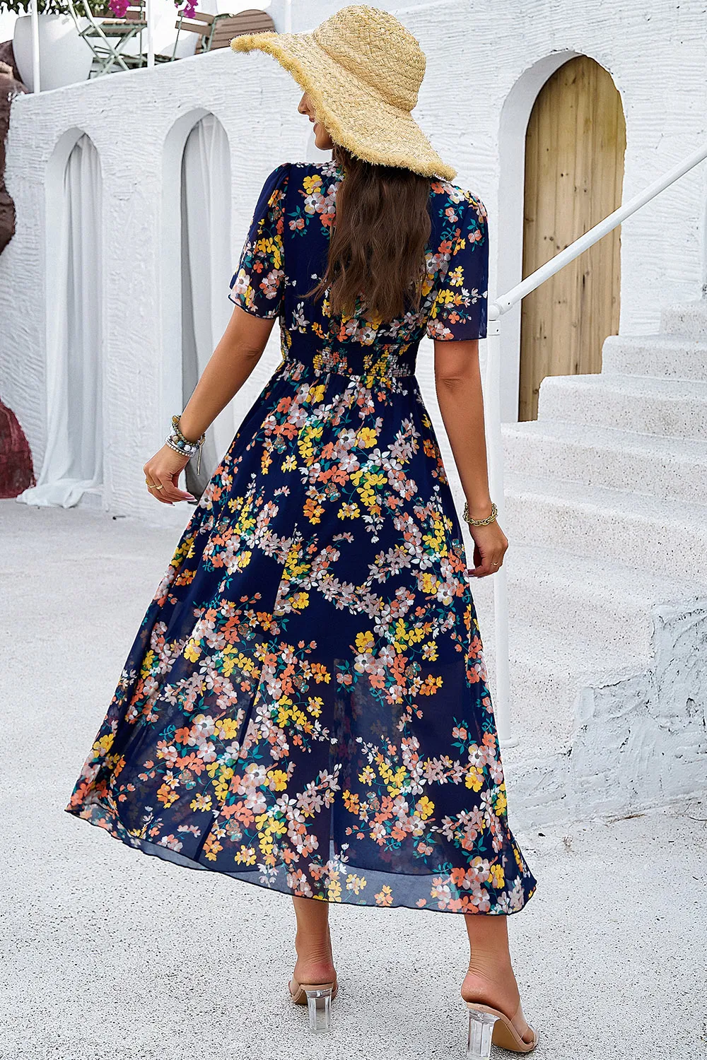 Smocked Floral V-Neck Short Sleeve Dress, image 12
