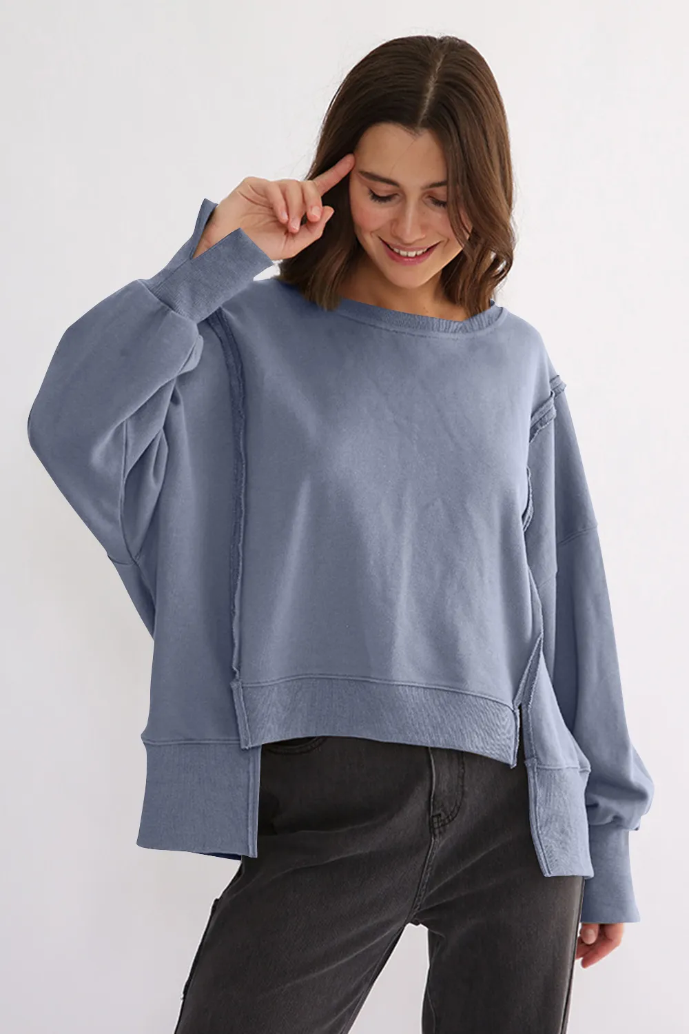 Exposed Seam High-Low Long Sleeve Sweatshirt, image 6