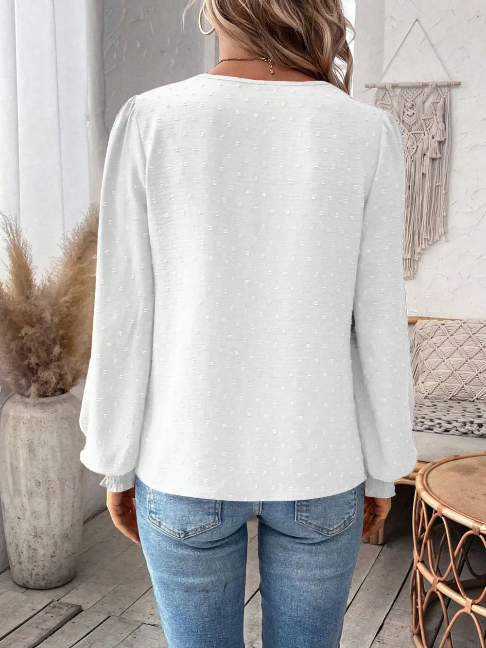 Swiss Dot Lace Detail Notched Long Sleeve Blouse, image 31