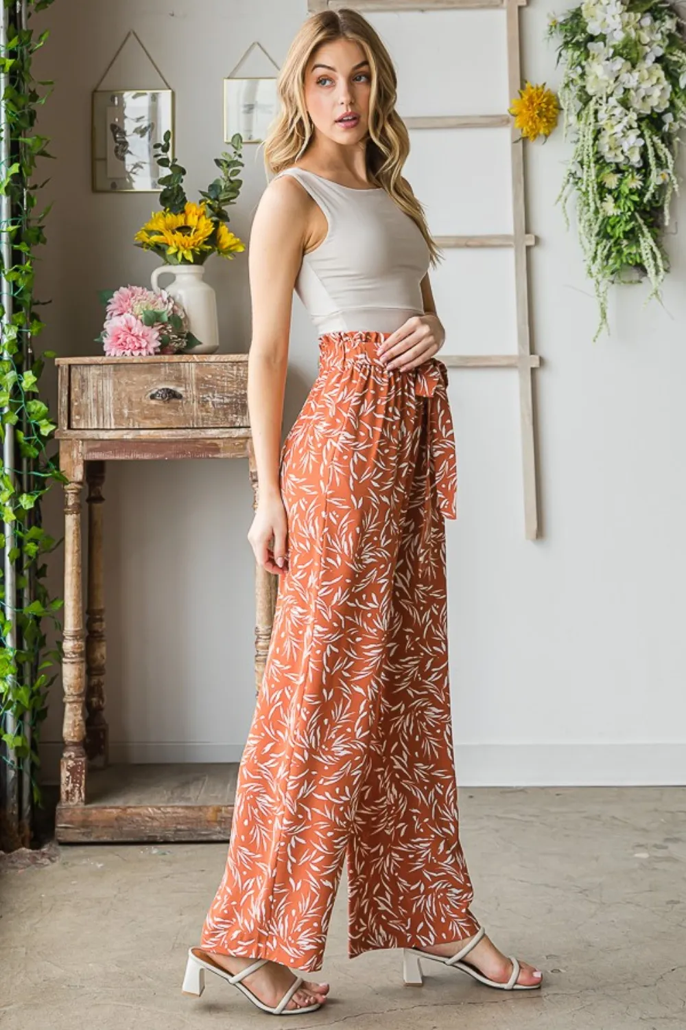 Full Size Printed Tied Straight Casual Pants, image 7