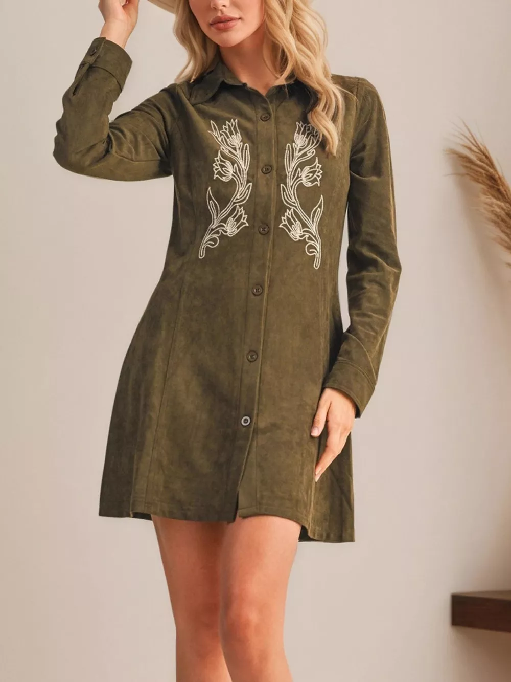 Floral Embroidered Button-Down Shirt Dress, image 6