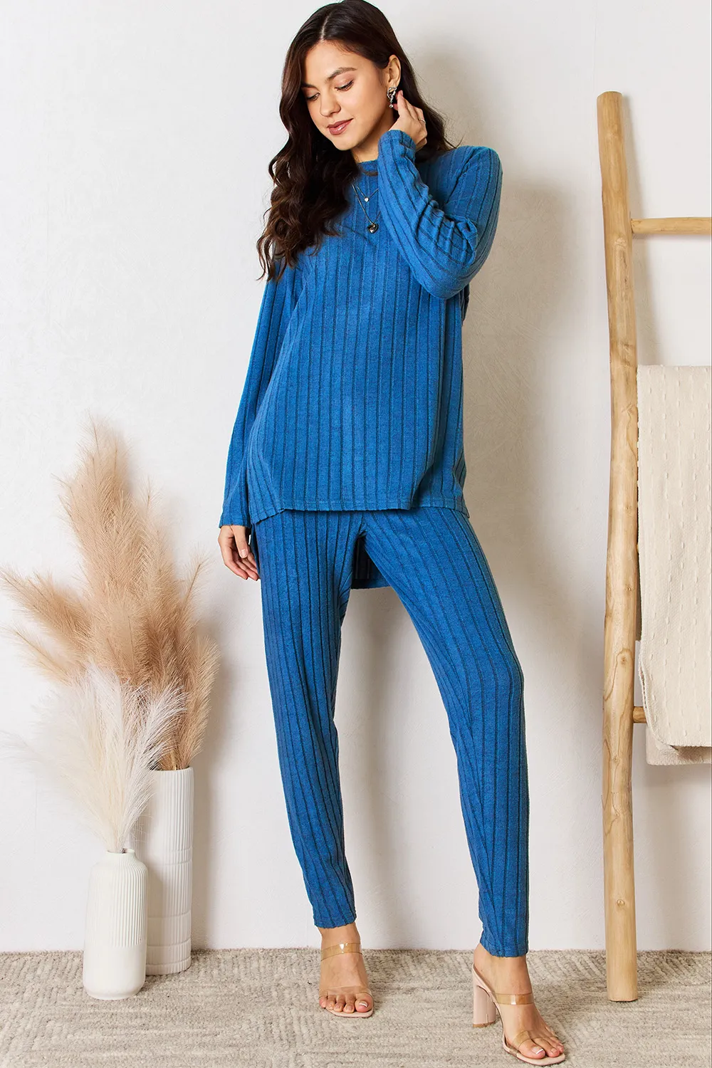 Full Size Ribbed Round Neck High-Low Slit Top and Pants Set, image 11