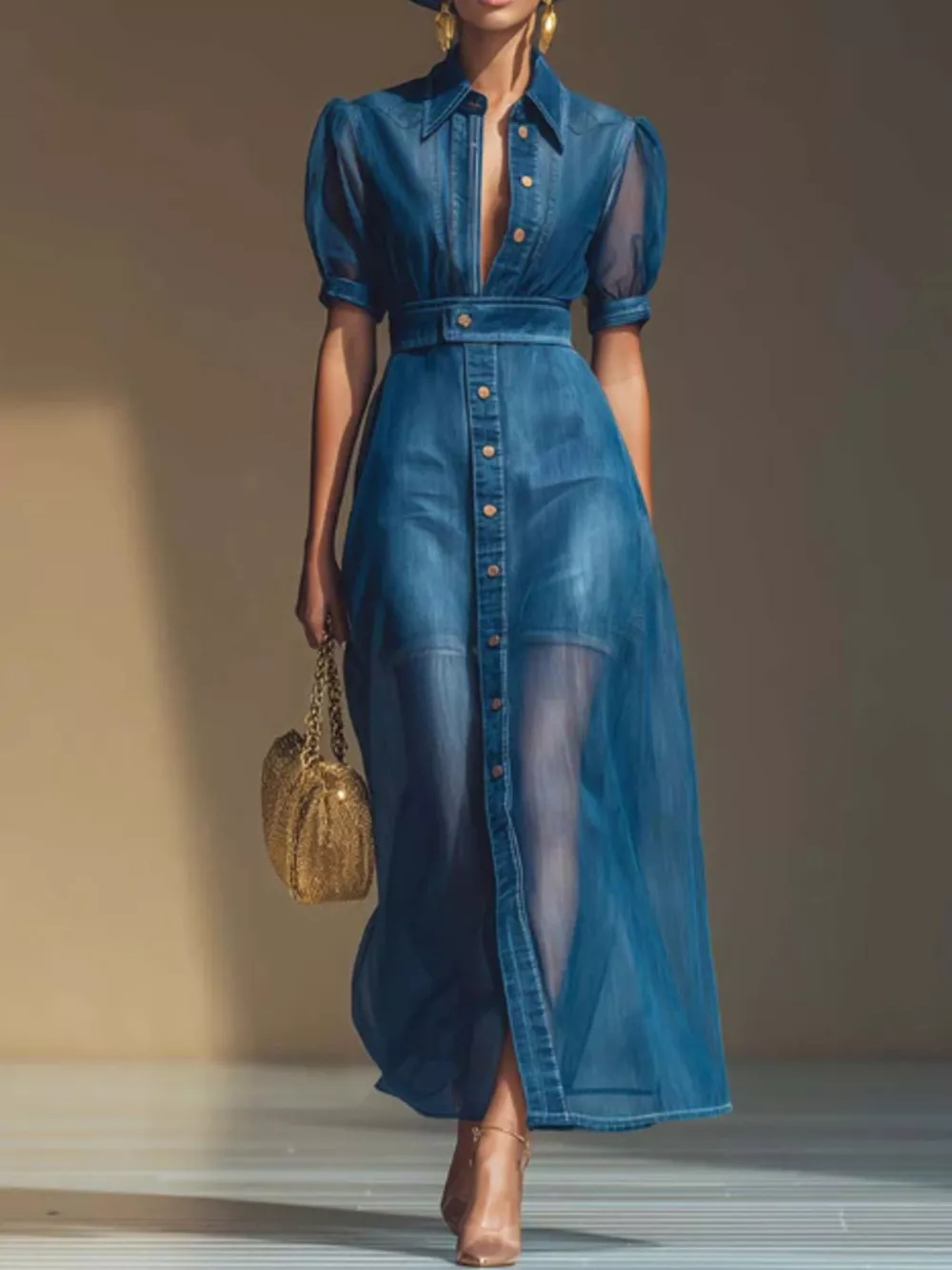 Sheer Panel Button-Down Maxi Dress