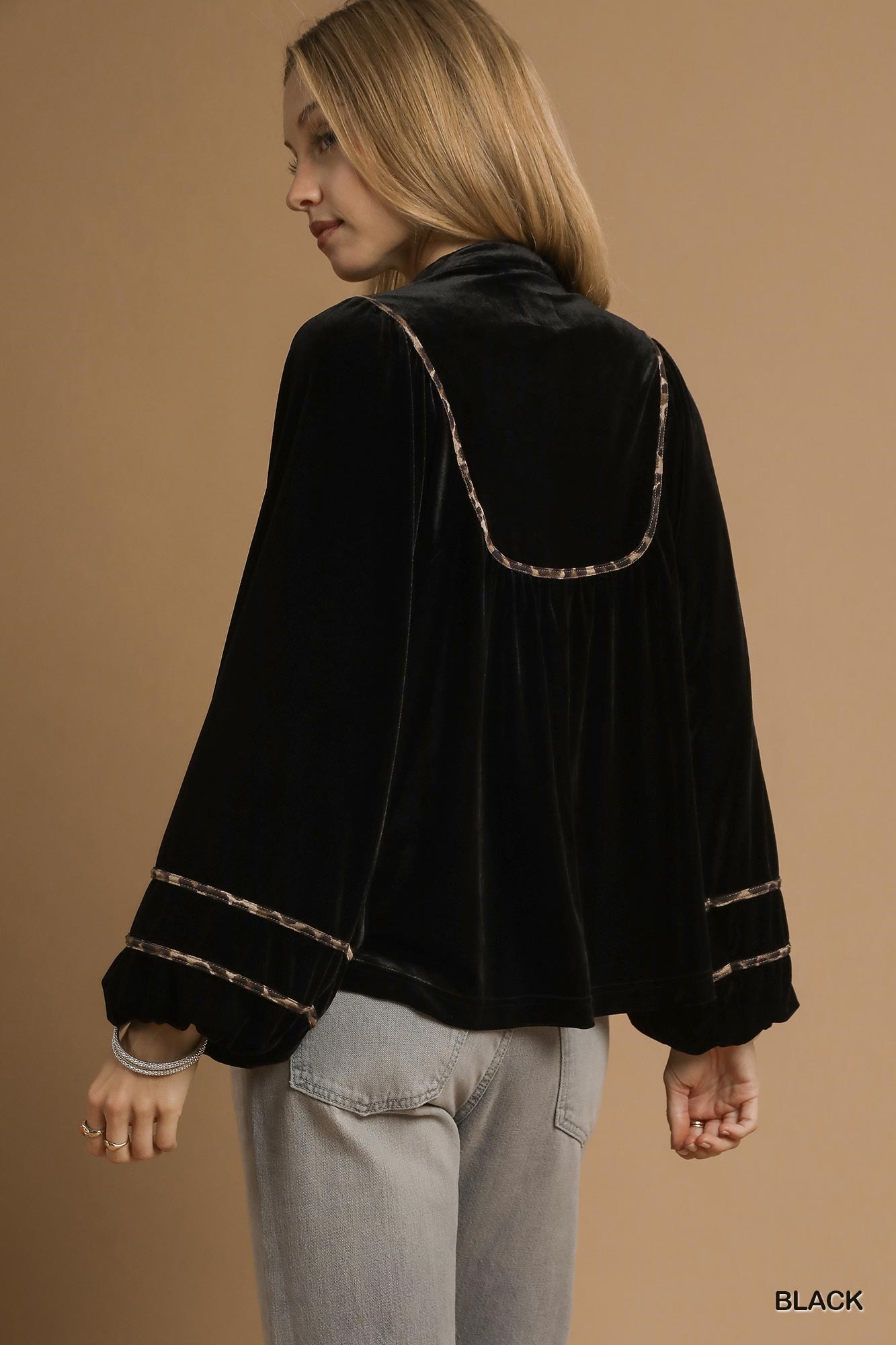 Velvet Long Sleeve Blouse with Contrast Trim, image 3