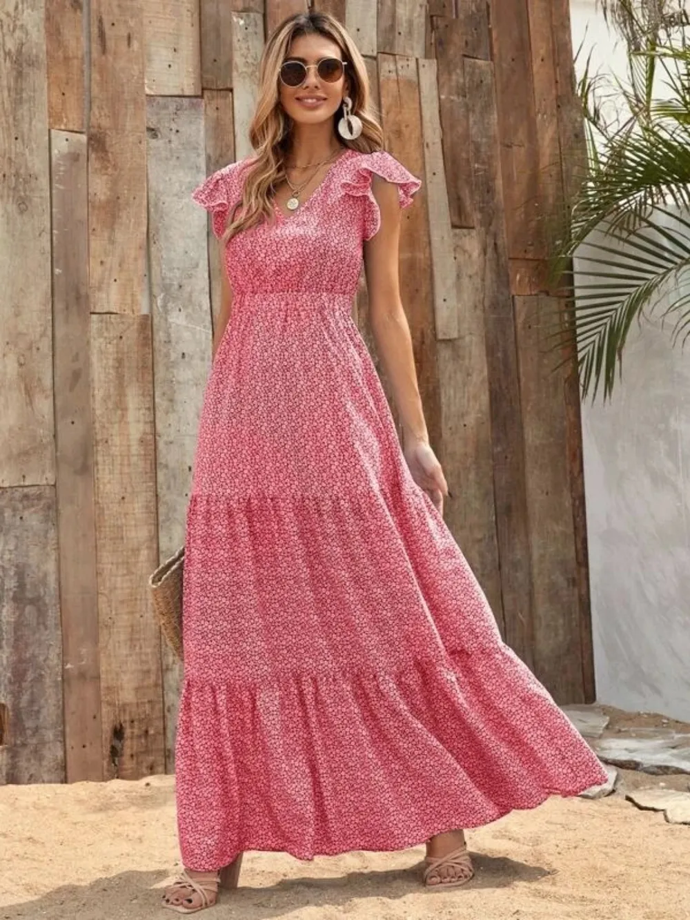 Printed V-Neck Ruffled Cap Sleeve Maxi Dress, image 13