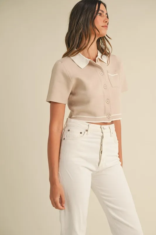 Button Down Contrast Collared Knit Cardigan, image 4