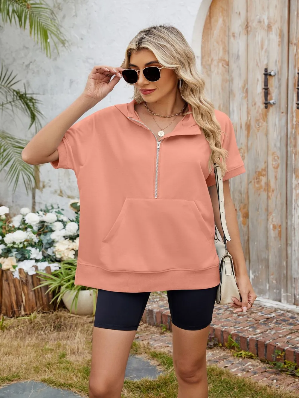 Half Zip Short Sleeve Hooded Top, image 21