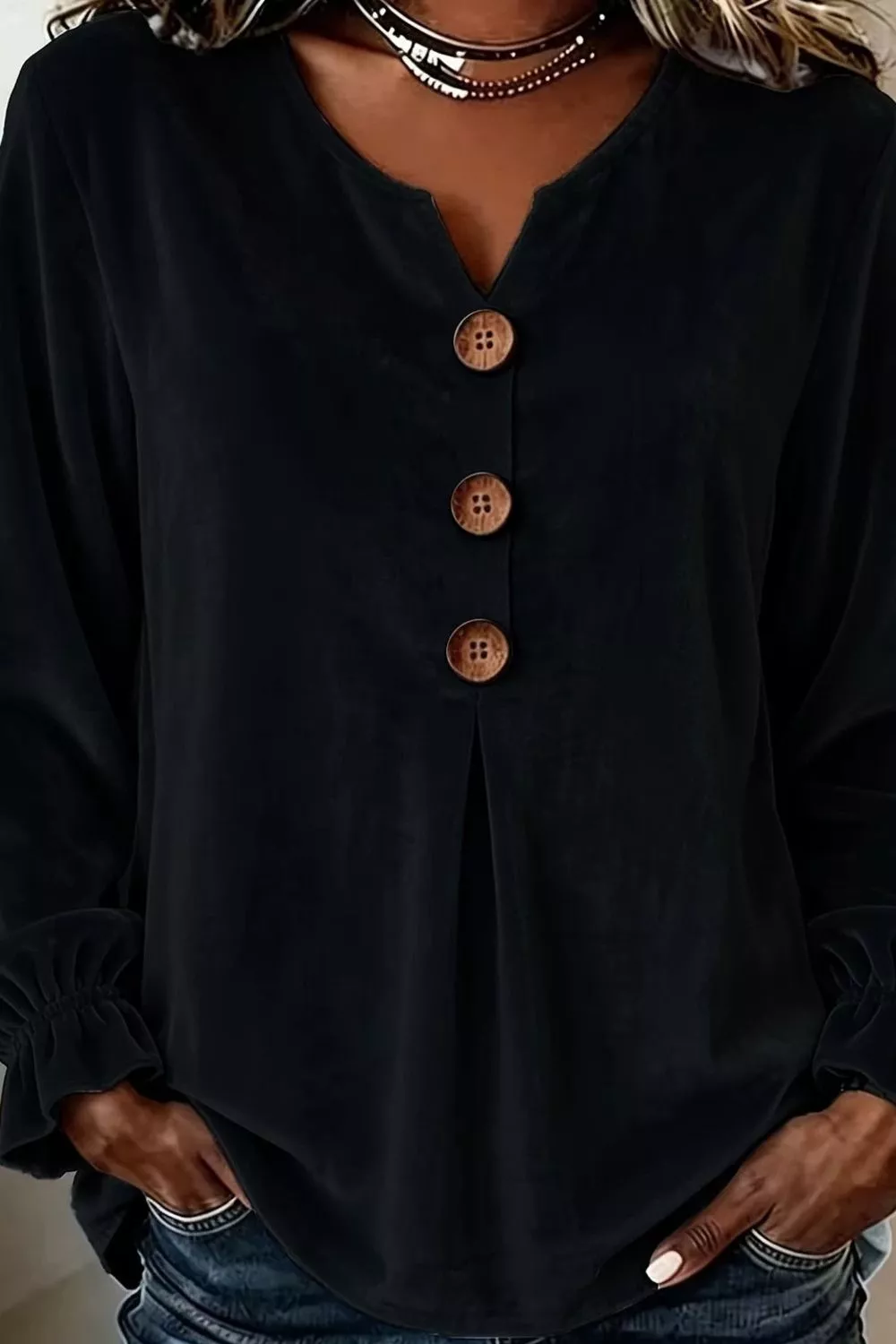 Full Size Velvet Button Decor Blouse with Ruffled Cuffs Plus Size, image 9