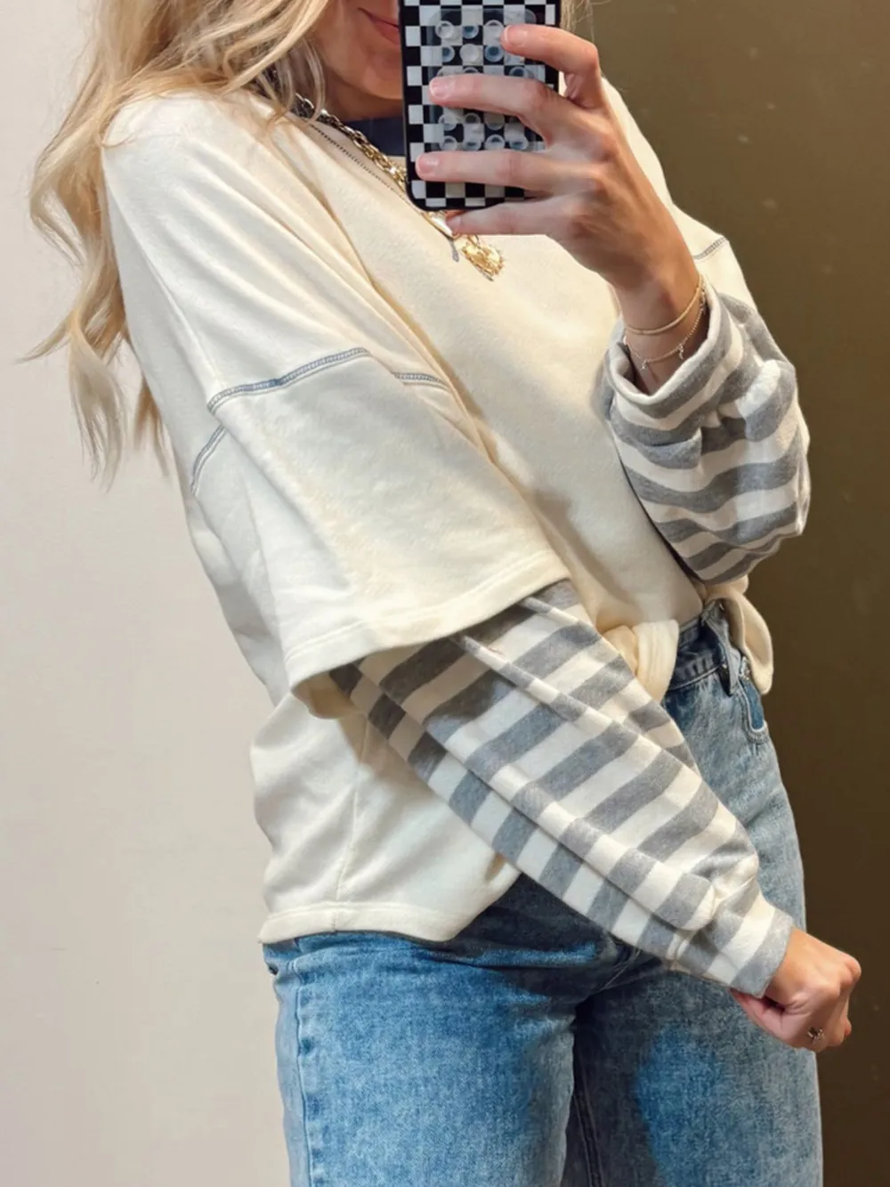 Striped Patchwork Long Sleeve Round Neck Two-in-one Top, image 5