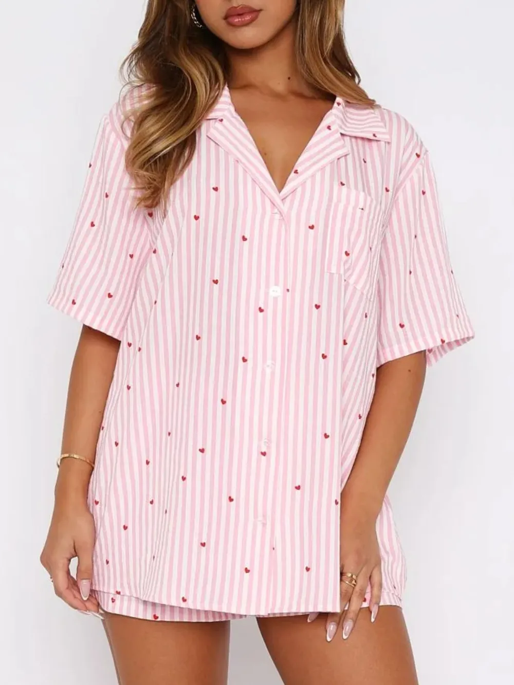 Valentine's Day Printed Collared Neck Short Sleeve Top and Shorts Set, image 20