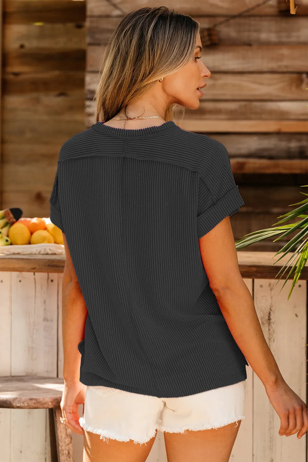 Exposed Seam Round Neck Short Sleeve T-Shirt, image 9