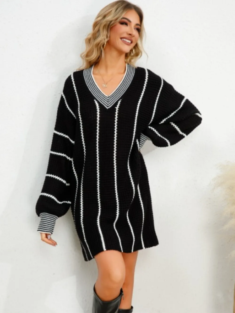 Striped V-Neck Long Sleeve Mini Dress, image 2