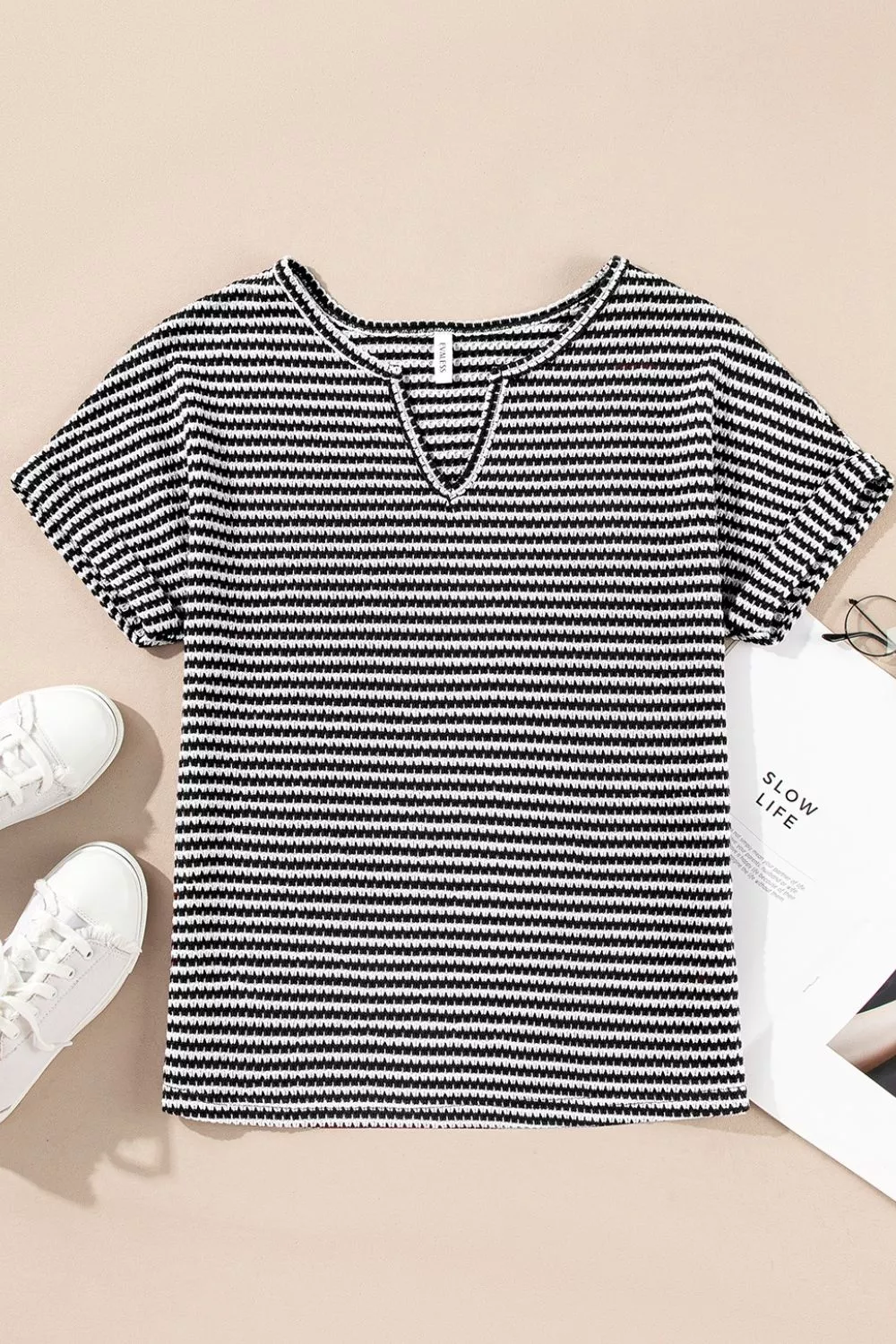 Stripe Textured Knit Notched Neck Cuffed Short Sleeve Top, image 10