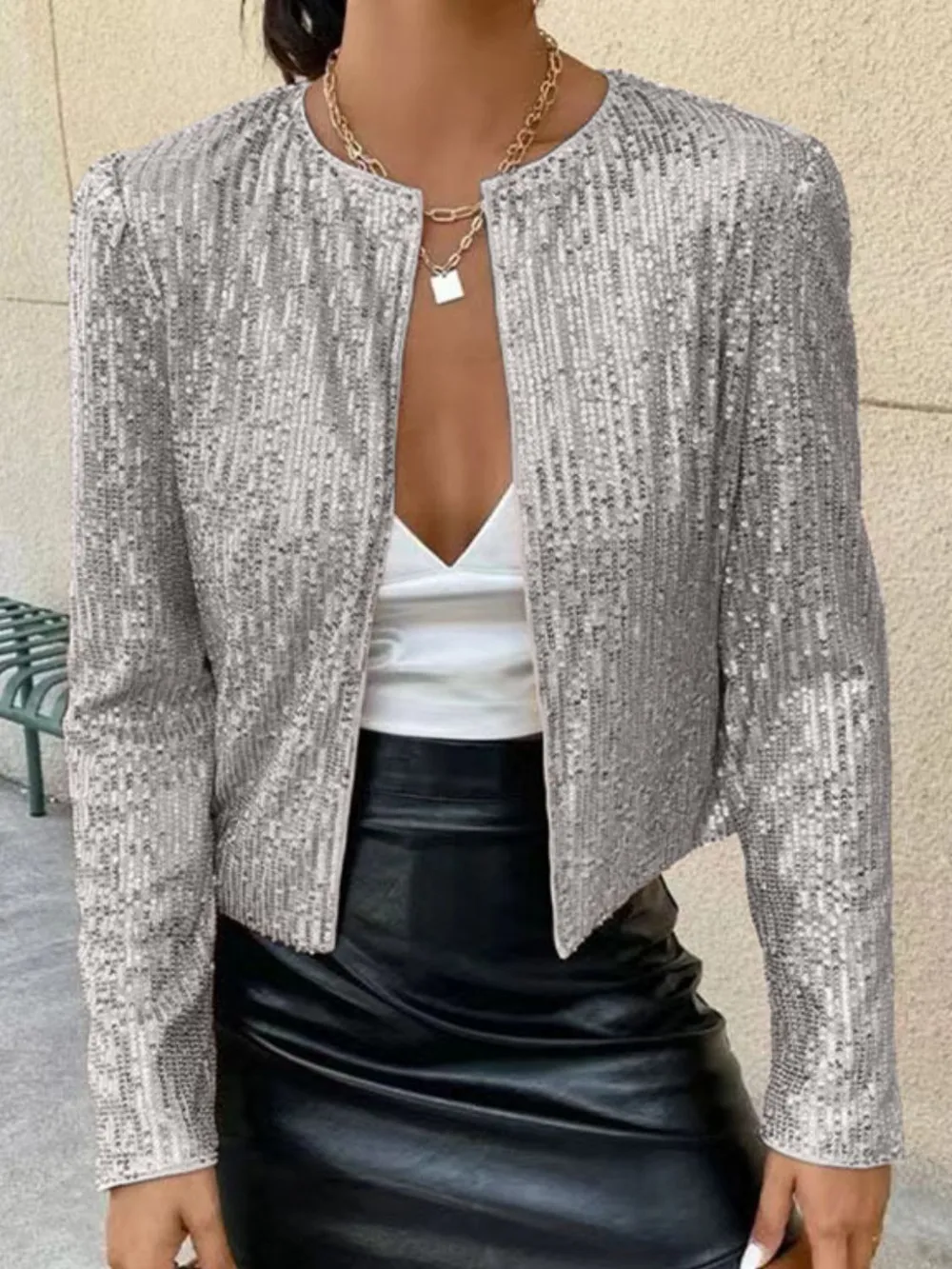 Full Size Sequin Open Front Cropped Jacket, image 31