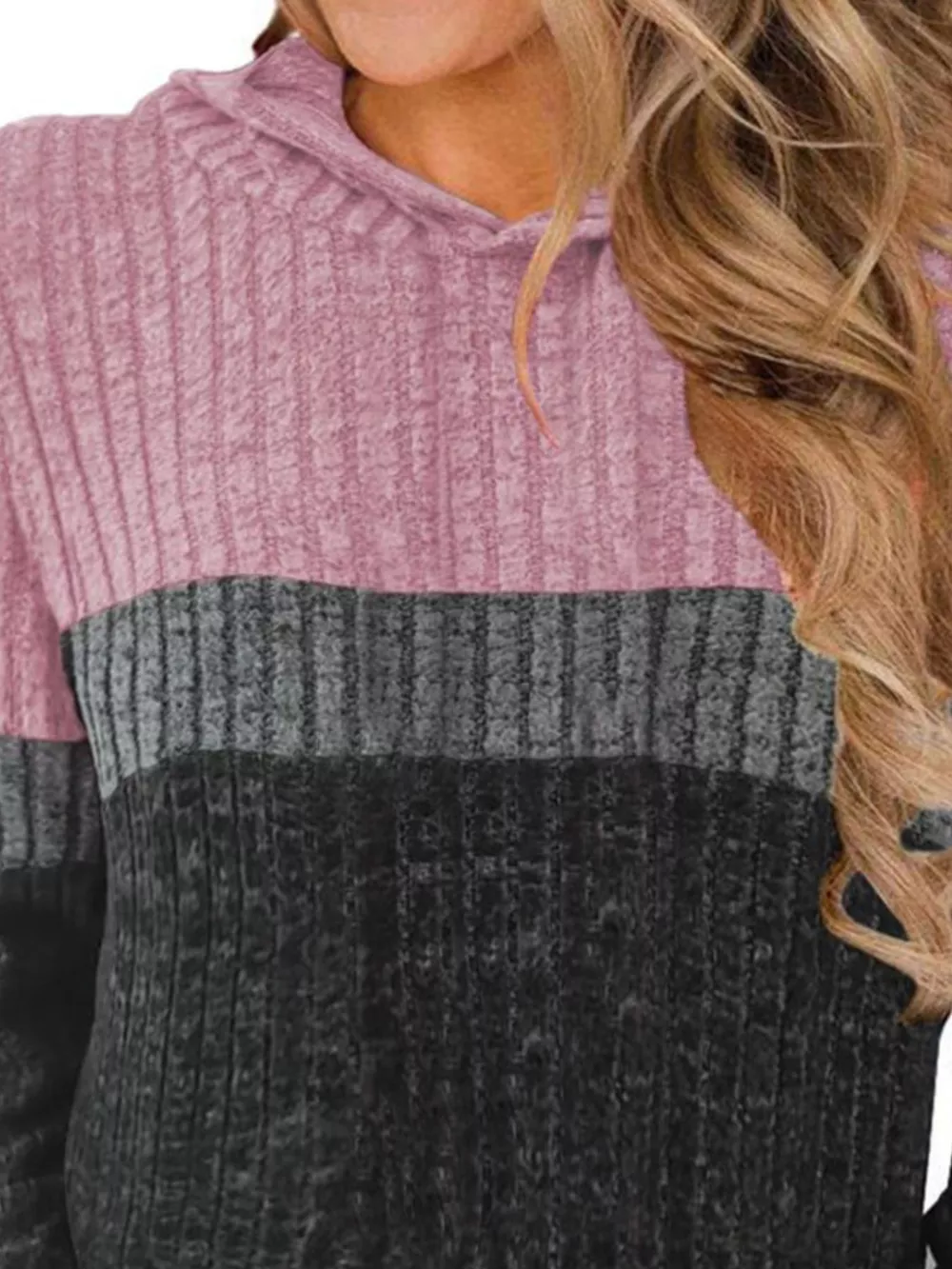 Full Size Color Block Ribbed Knit Hoodie Plus Size, image 9