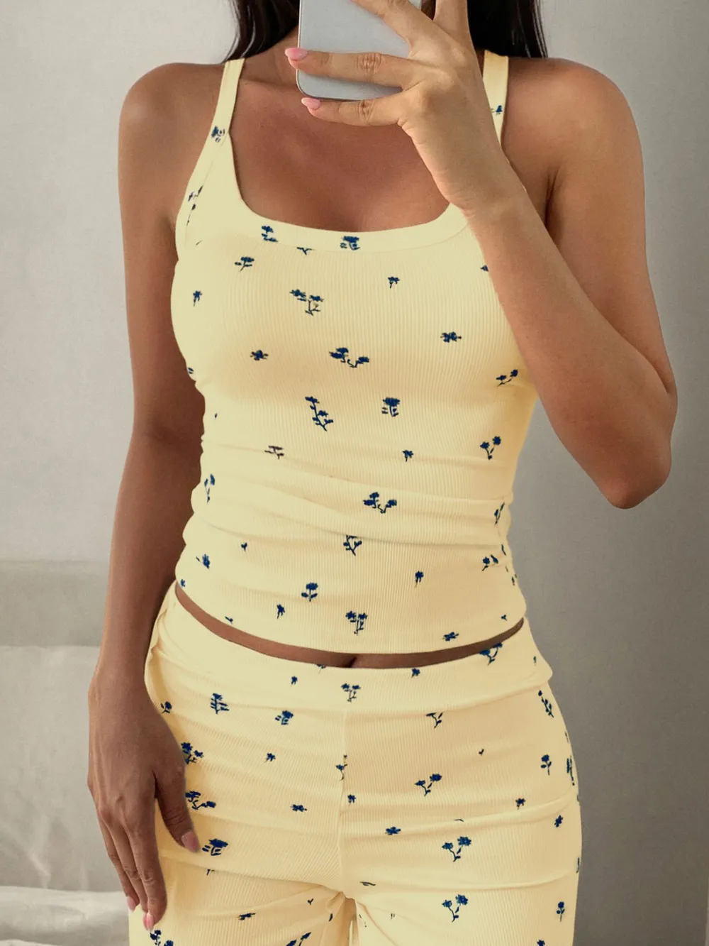 Floral Ribbed Cami and Wide Leg Pants Set, image 10