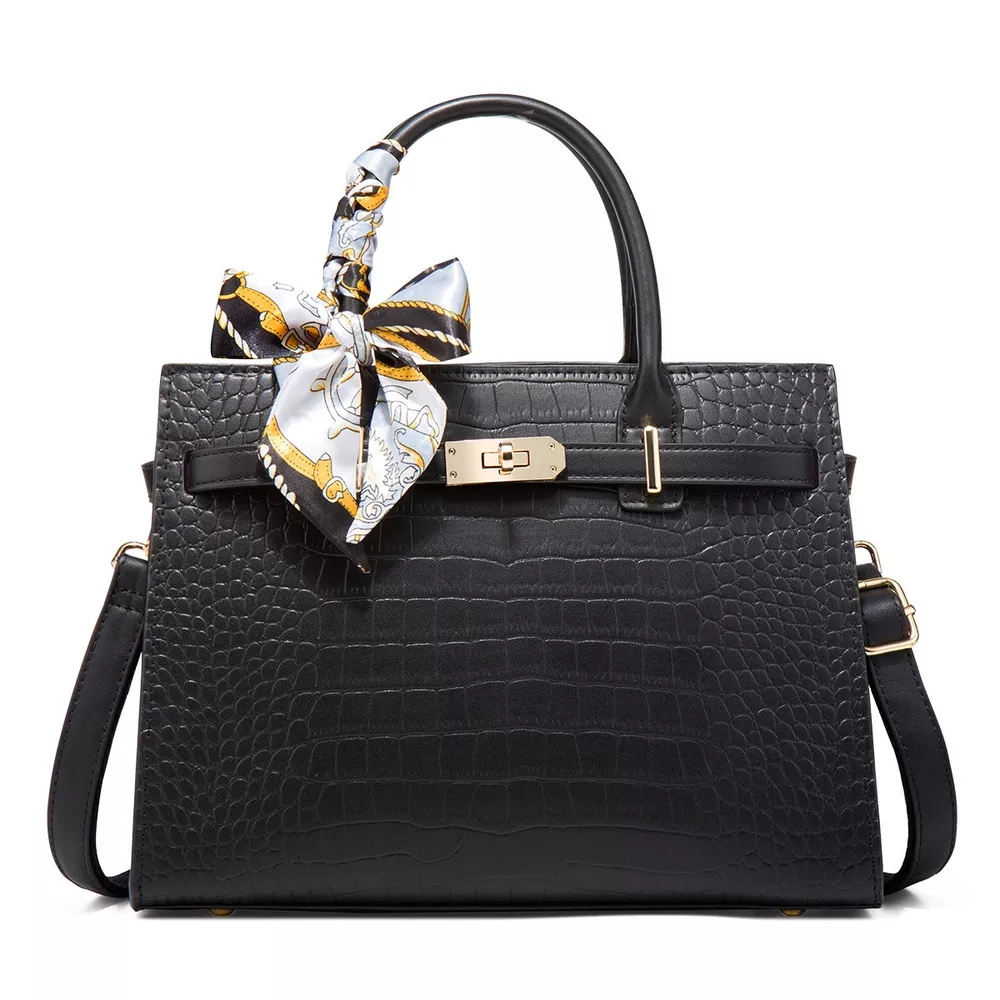 Crocodile-Embossed Leather Top Handle Handbag