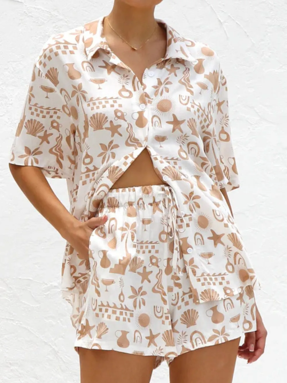 Printed Button Down Short Sleeve Top and Shorts Set, image 16