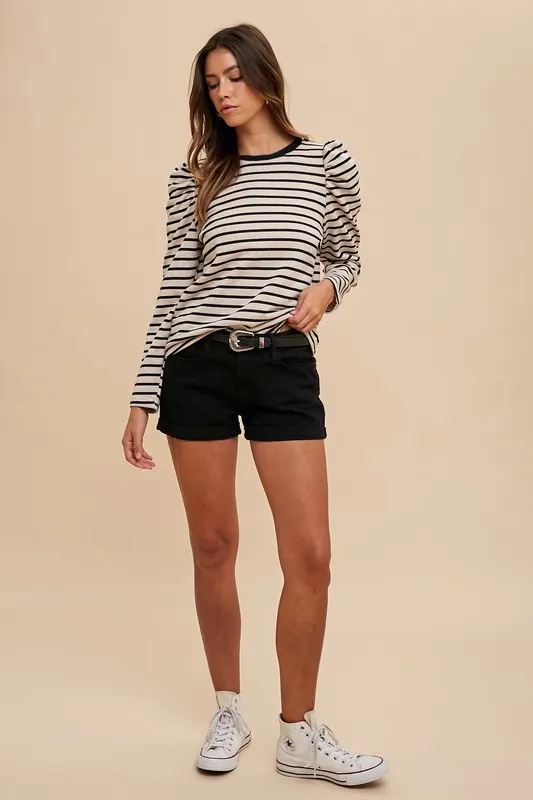 Striped Round Neck Puff Sleeve French Terry Top, image 4