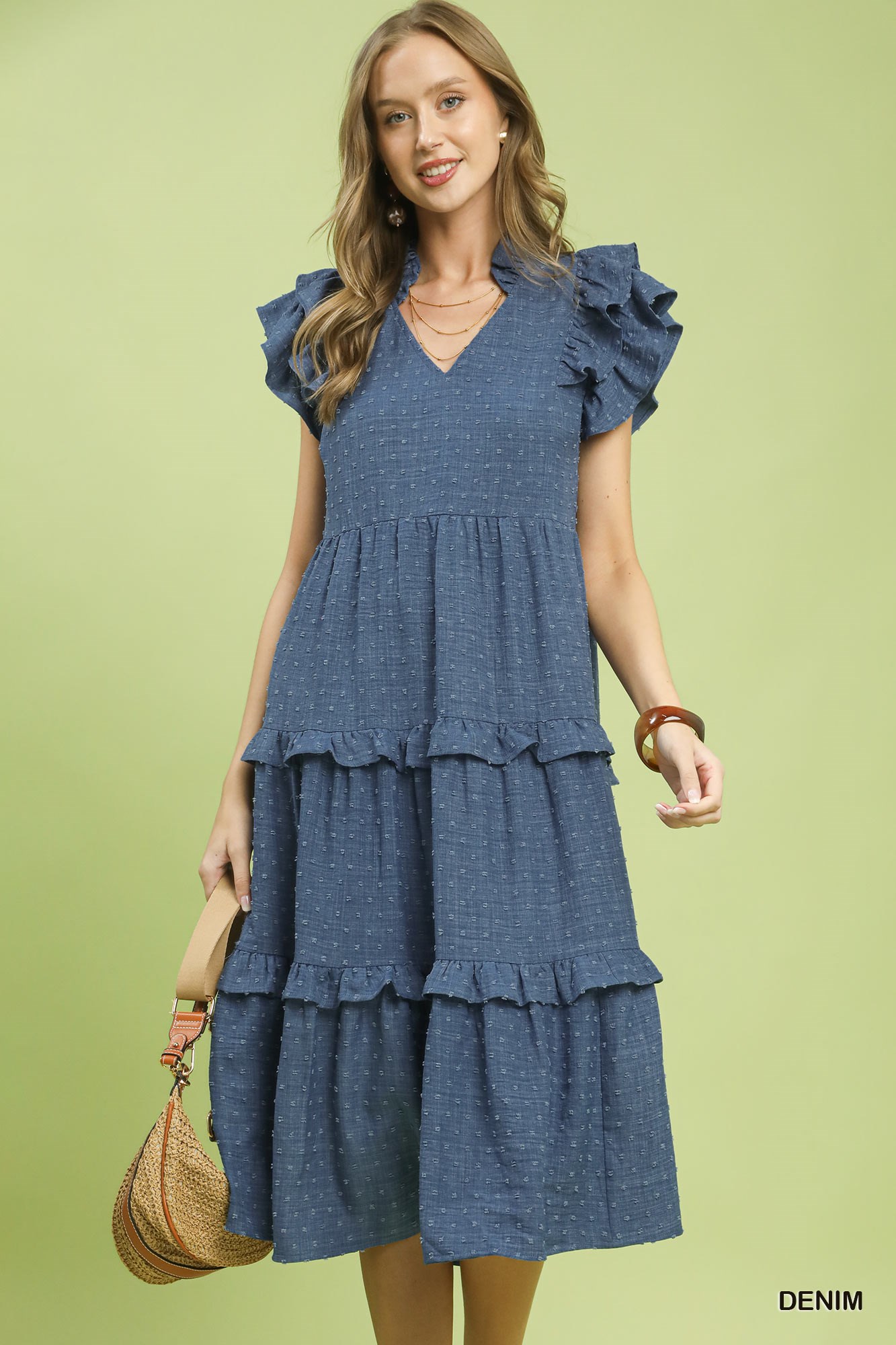 Textured Ruffle Sleeve Tiered Midi Dress