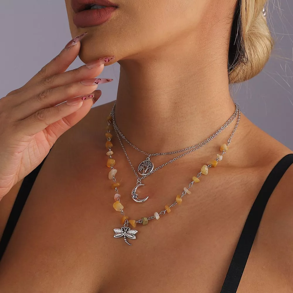 3-Piece Bohemian Layered Dragonfly Moon Tree Pendant Necklace, image 3