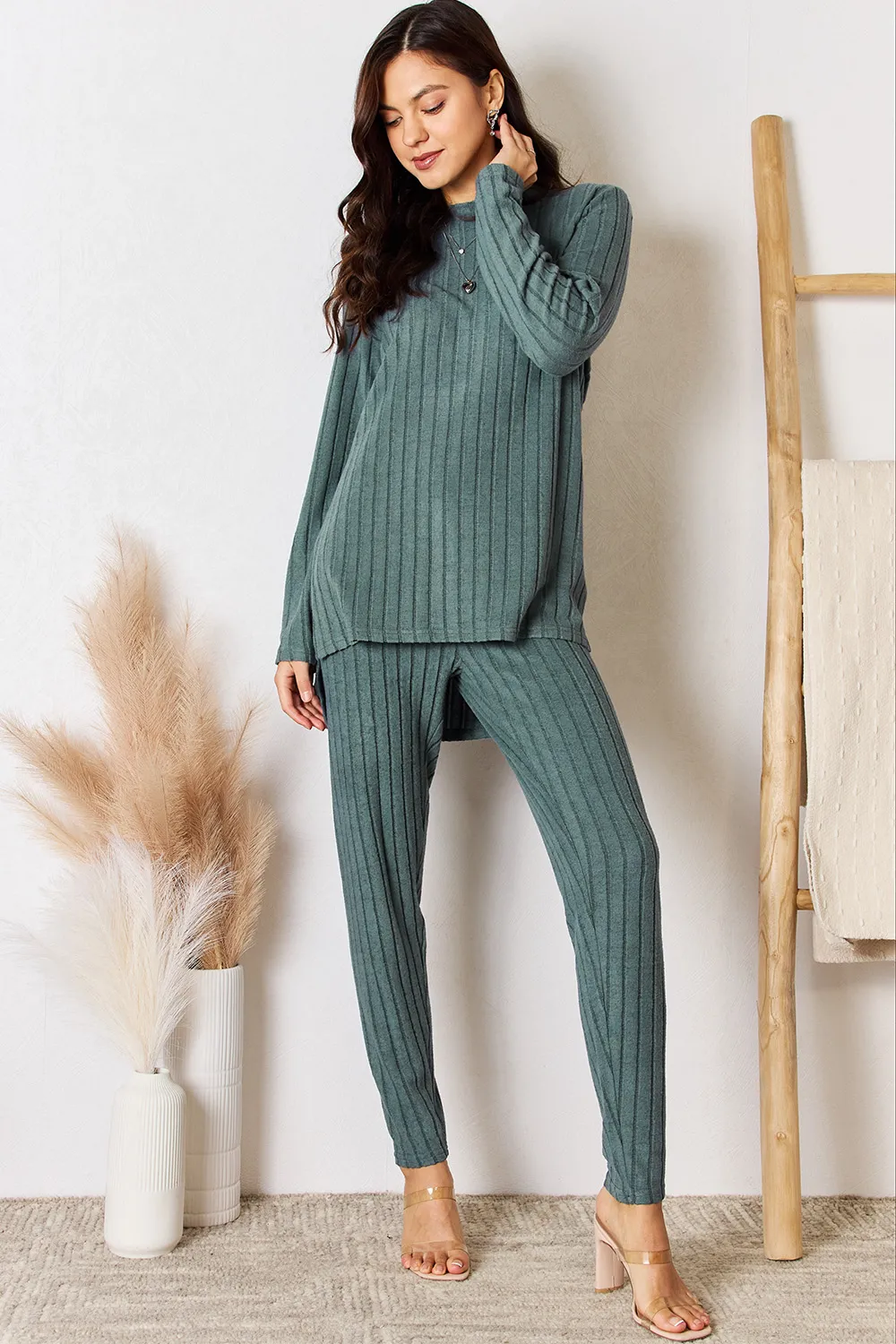Full Size Ribbed Round Neck High-Low Slit Top and Pants Set, image 12