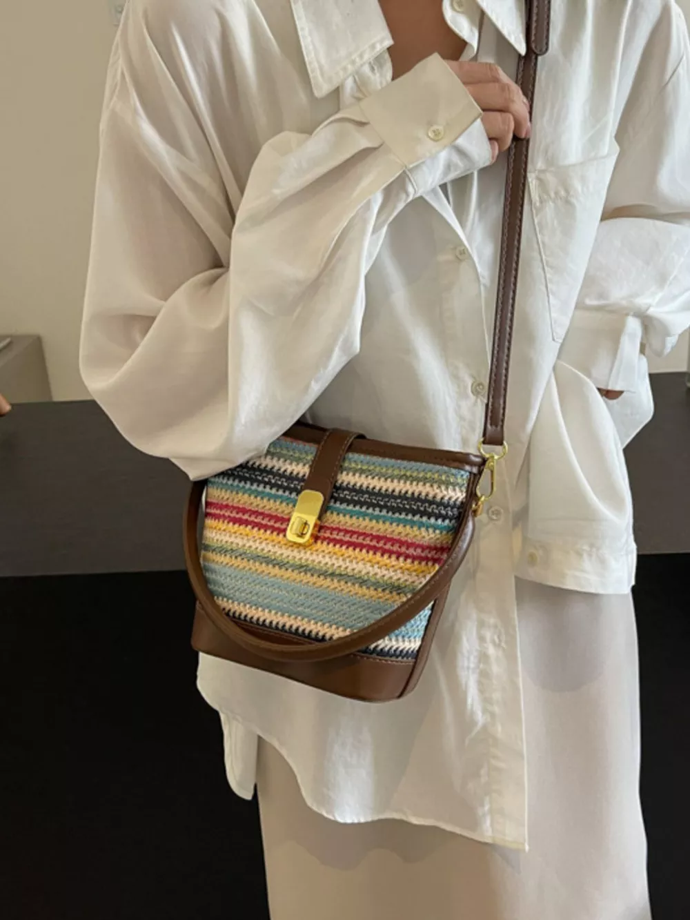 Striped Bucket Crossbody Bag, image 6