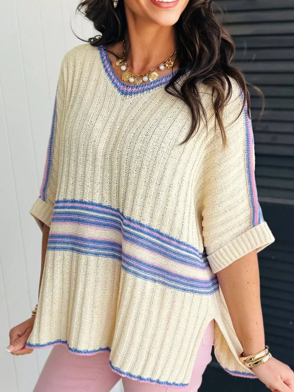 Striped V Neck Dolman Sleeve Rib Knit Oversized Sweater with Slits, image 4