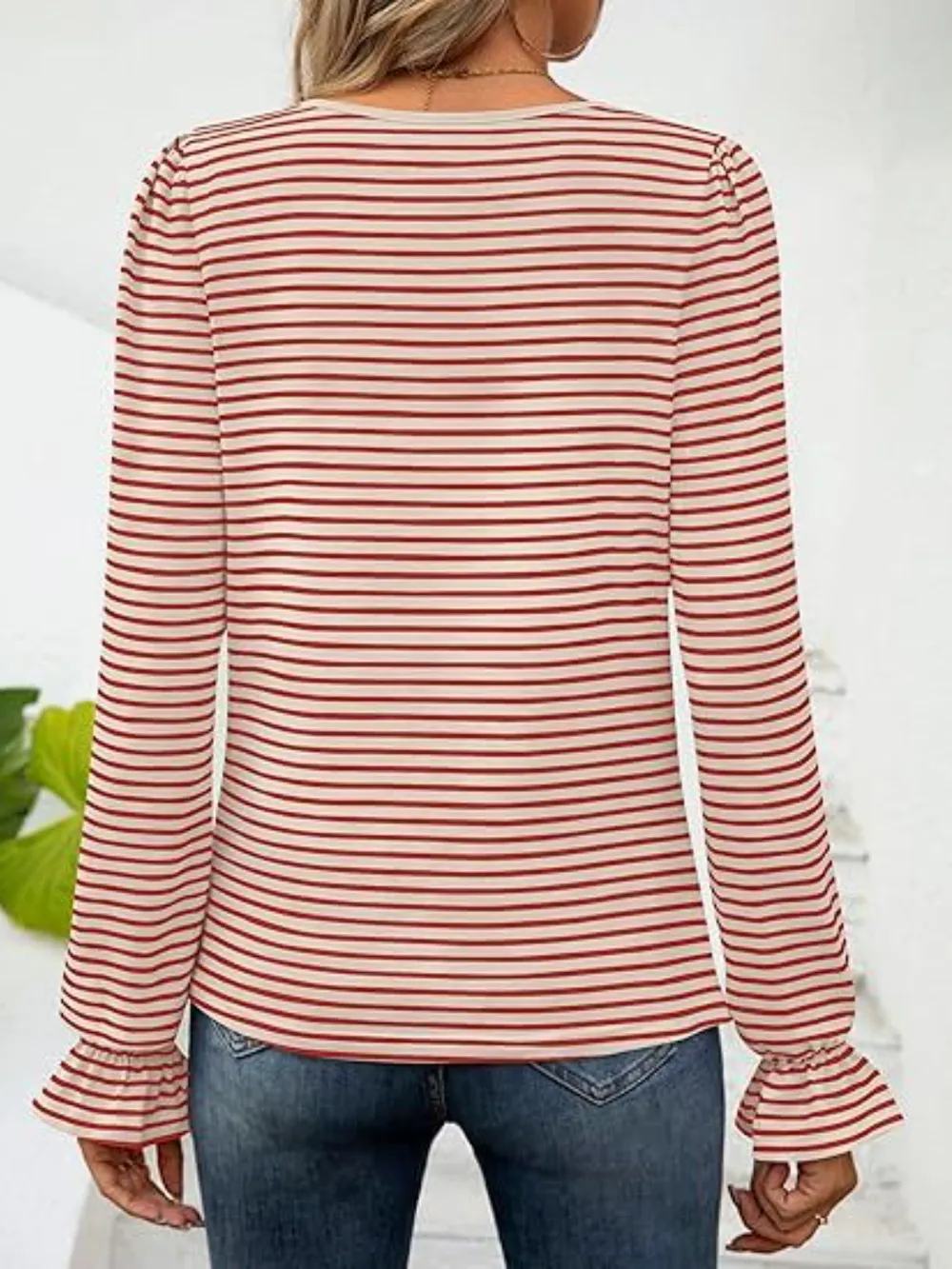 Striped Square Neck Flounce Sleeve Top, image 31