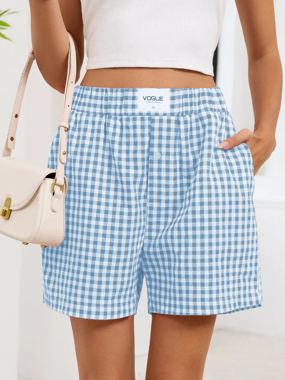 Gingham Elastic Waist Casual Shorts, image 26