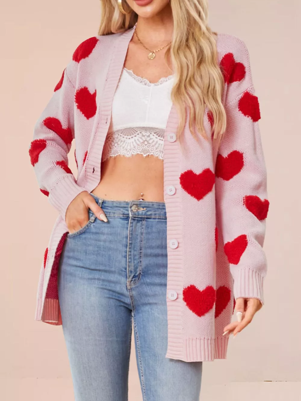 Heart Pattern V-Neck Button-Down Knit Cardigan, image 7