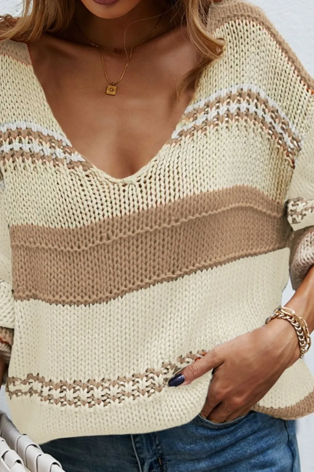 Color Block V-Neck Dropped Shoulder Sweater, image 9