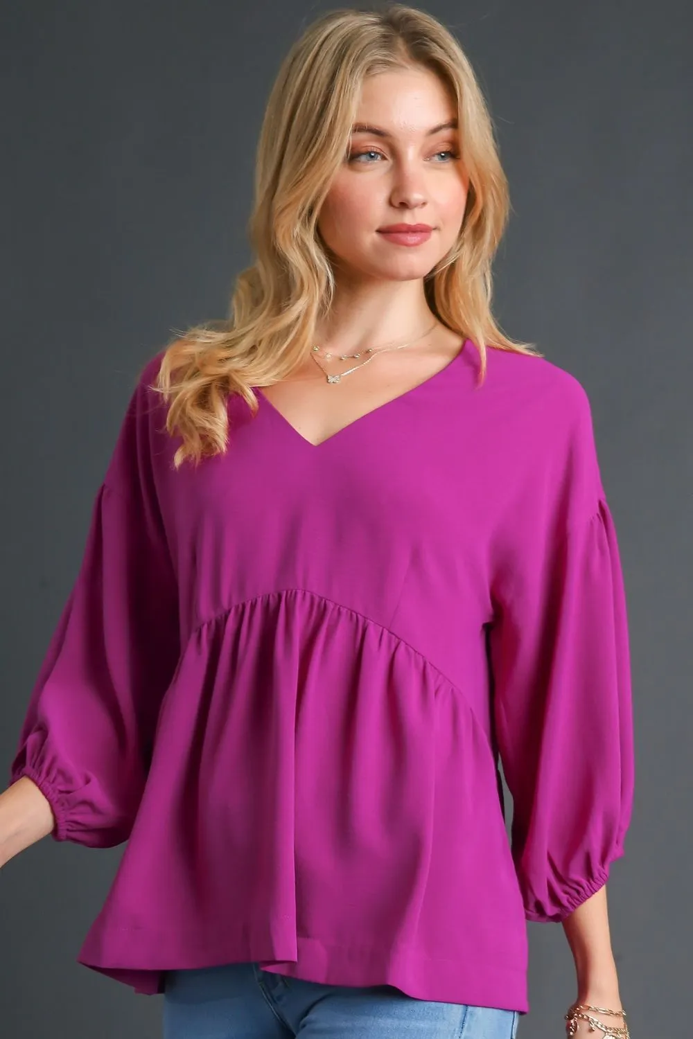 Full Size V-Neck Puffed 3/4 Sleeve Babydoll Blouse Plus Size