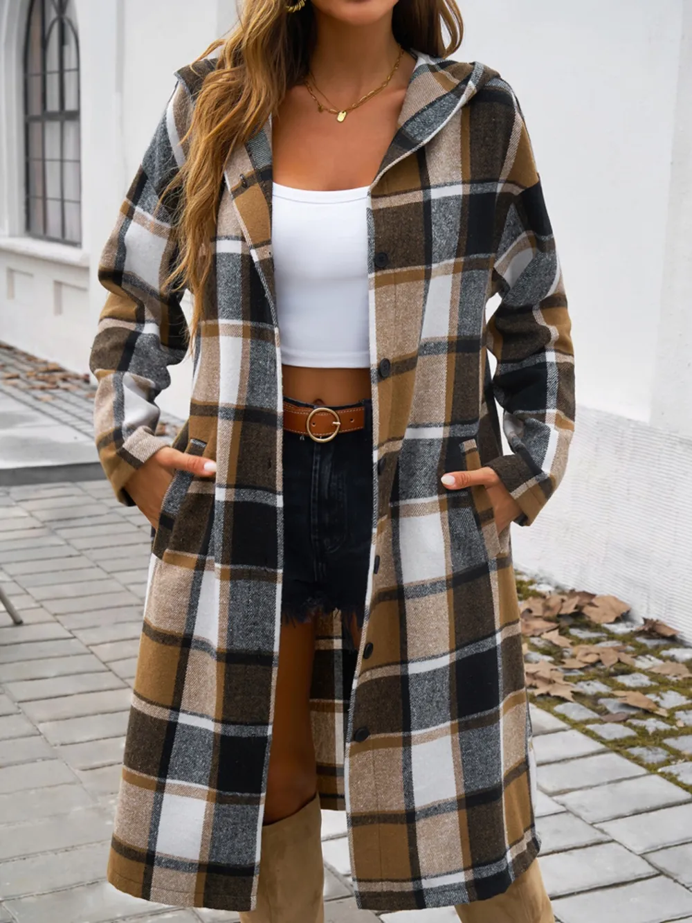 Plaid Long Sleeve Hooded Coat, image 14