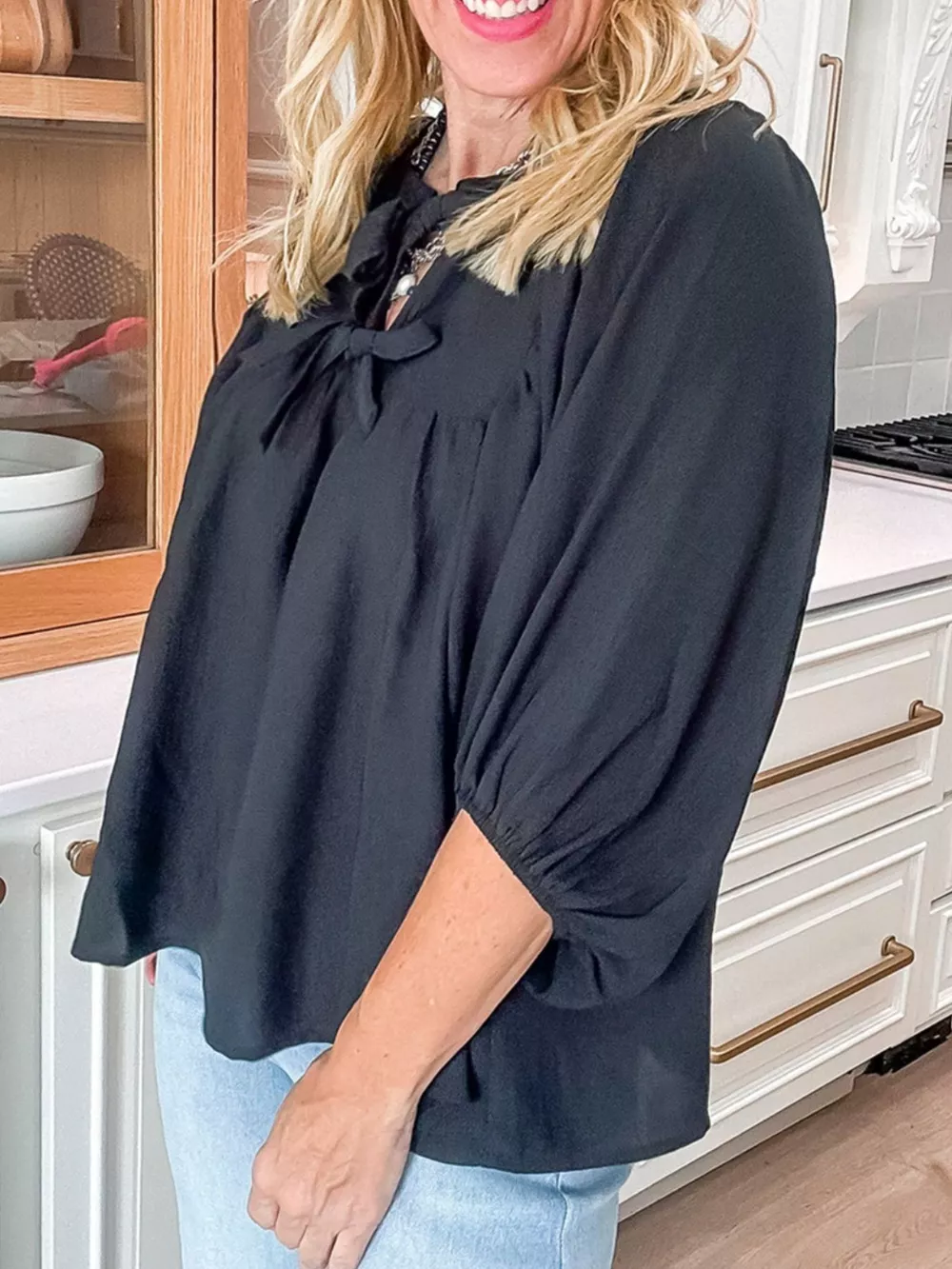 Bow Tie Neck 3/4 Sleeve Casual Blouse, image 2